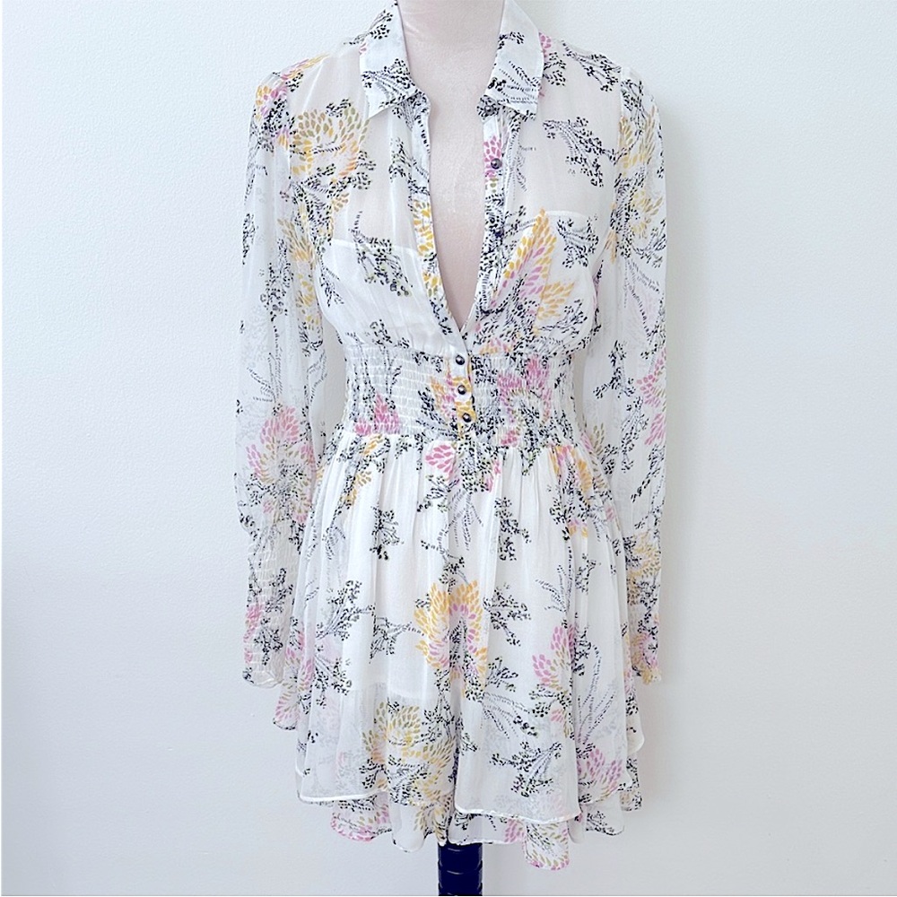 Free People Sheer Floral Long Sleeve Dress - White and Pink